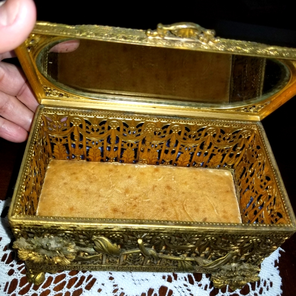 Antique Vintage brass rectangular coffin jewelry box